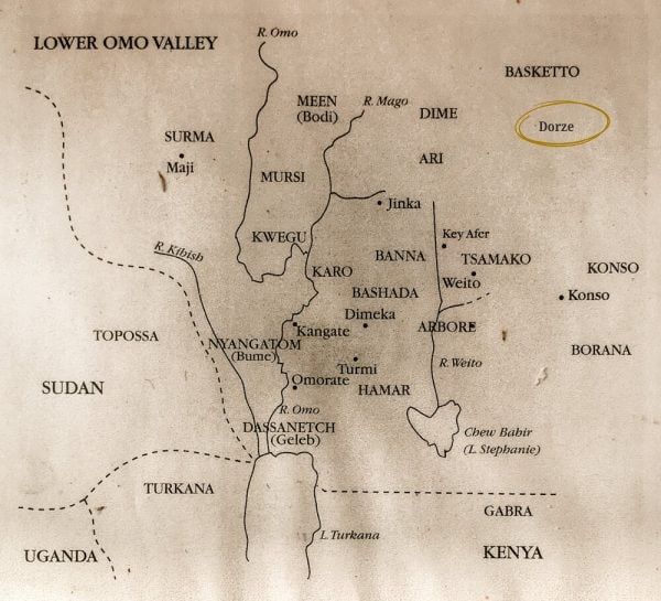 Map showing the location of the Dorze Tribe near Arba Minch in southern Ethiopia.