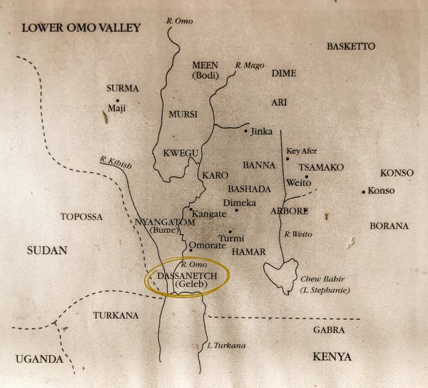 Map showing the location of the Dassanech Tribe Ethiopia along the Omo River near Lake Turkana.
