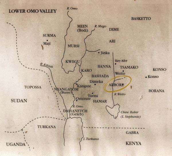Map showing the location of the Arbore Tribe in southern Ethiopia.